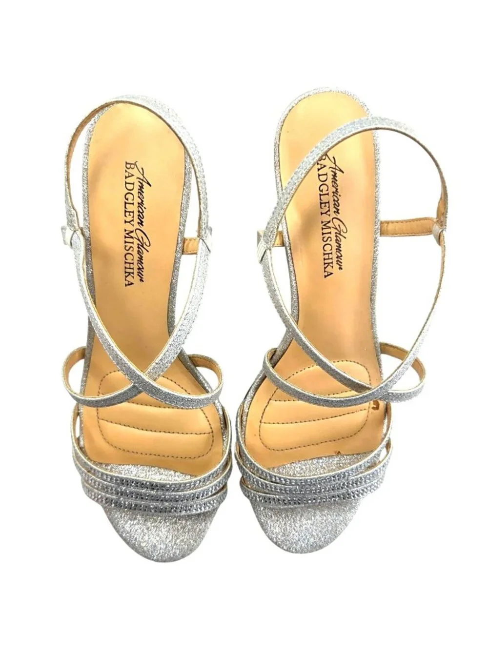 American Glamour by Badgley Mischka Silver Rhinestone Strappy Wedge Sandals 8